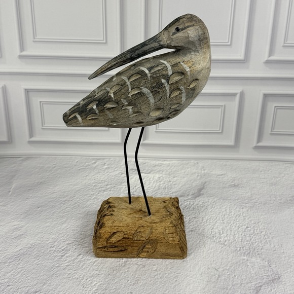 Wooden Ships Other - Hand Carved Wooden Egret Shorebird Sculpture Coastal Beach Decor Rustic Bird Art